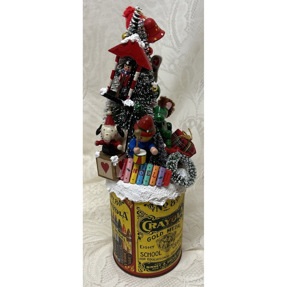 Vintage Christmas Ornaments And Crayola Tin Assemblage Toy Display Vintage Gift